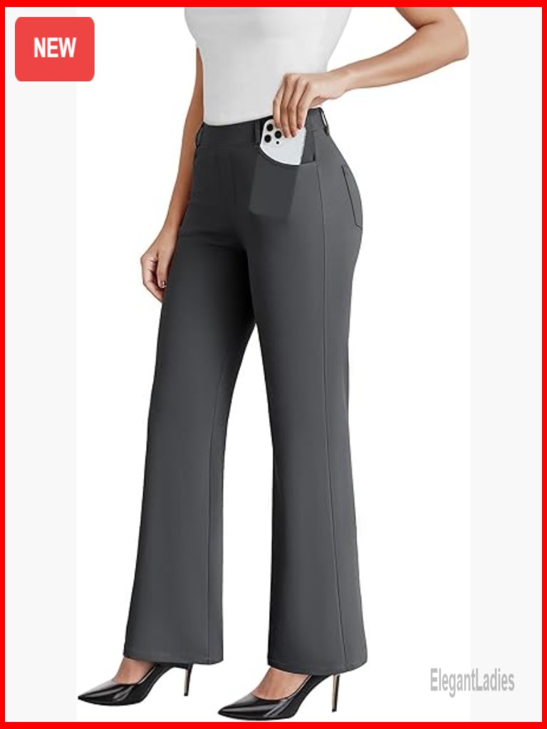 Stretchy Pull-On Flare Pants With Pockets, Office Wear